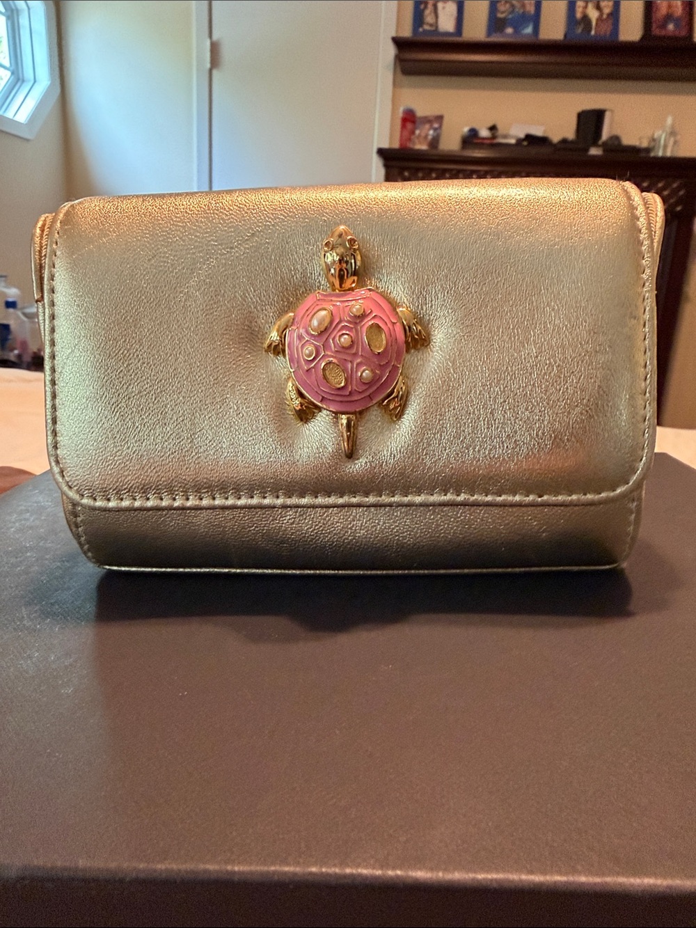 Lilly Pulitzer Gold Women's Evening Bag with Pink Turtle Accent